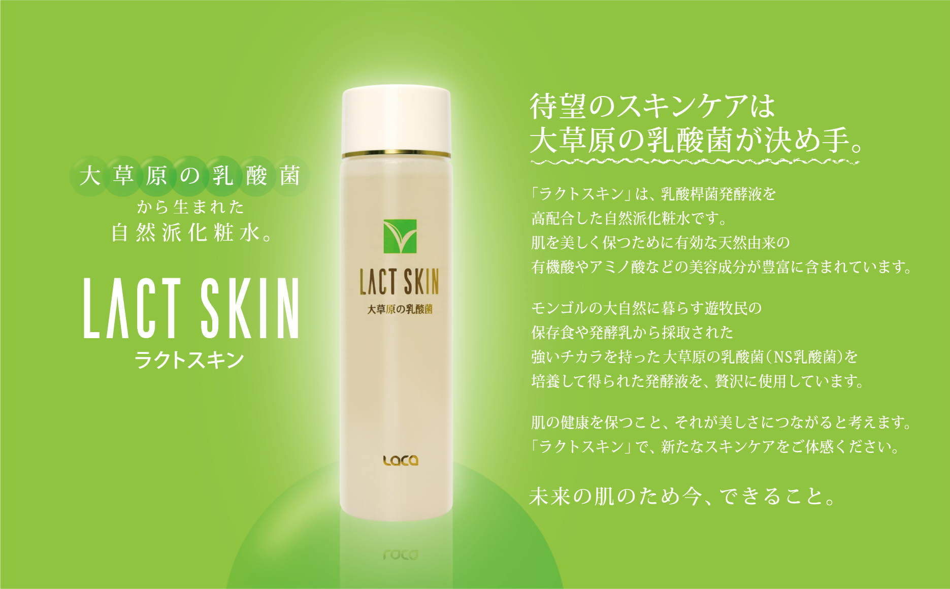 大草原の乳酸菌から生まれた自然派化粧水。LACT　SKINラクトキン
待望のスキンケアは大草原の乳酸菌が決め手。「ラクトスキン」は、乳酸桿菌発酵液を高配合した自然派化粧水です。肌を美しく保つために有効な天然由来の有機酸やアミノ酸などの美容成分が豊富に含まれています。モンゴルの大自然に暮らす遊牧民の保存食や発酵乳から採取された強いチカラを持った大草原の乳酸菌（NS乳酸菌）を培養して得られた発酵液を贅沢に使用しています。肌の健康を保つこと、それが美しさにつながると考えます。「ラクトスキン」で、新たなスキンケアをご体感ください。未来の肌のため今、できること。